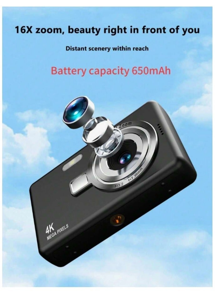general Portable CCD digital camera for campus use, featuring 4K ultra-high-definition resolution and 96MP resolution, a 2.4-inch LCD screen, suitable for teenagers, electronic image stabilization, low Selfie delay, long battery life, and comes with a 32GB memory card/card reader. - Image 2